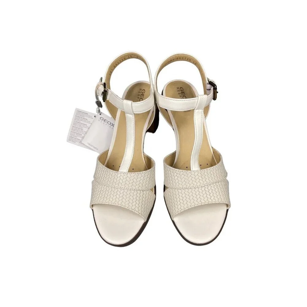 Geox Annya Mid Sandals Block Heel T Strap White SZ 40 EU 10 US NIB